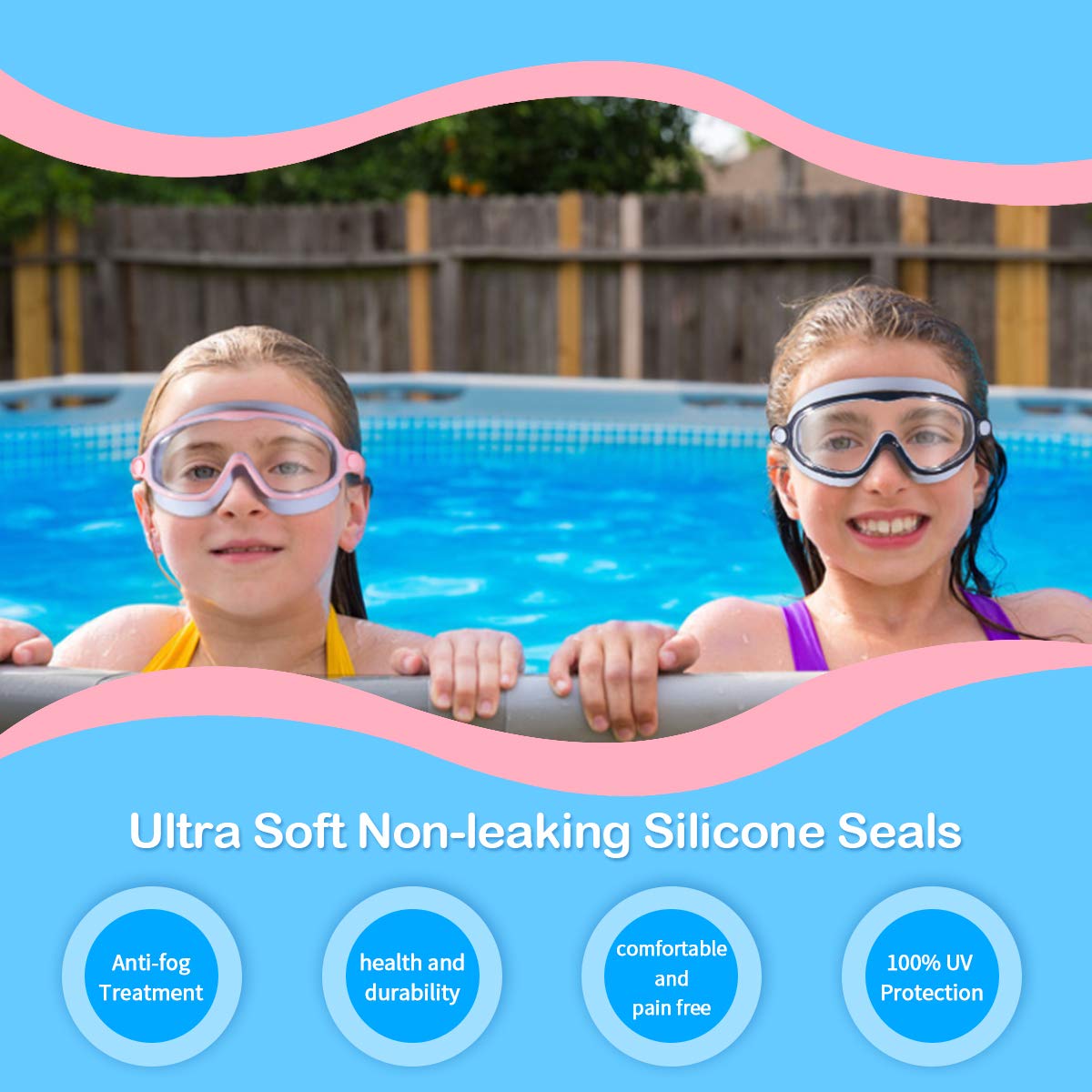 Seago Swim Goggles 2 Pack Anti-Fog Anti-UV Wide View Swimming Goggles for Kids 3-15