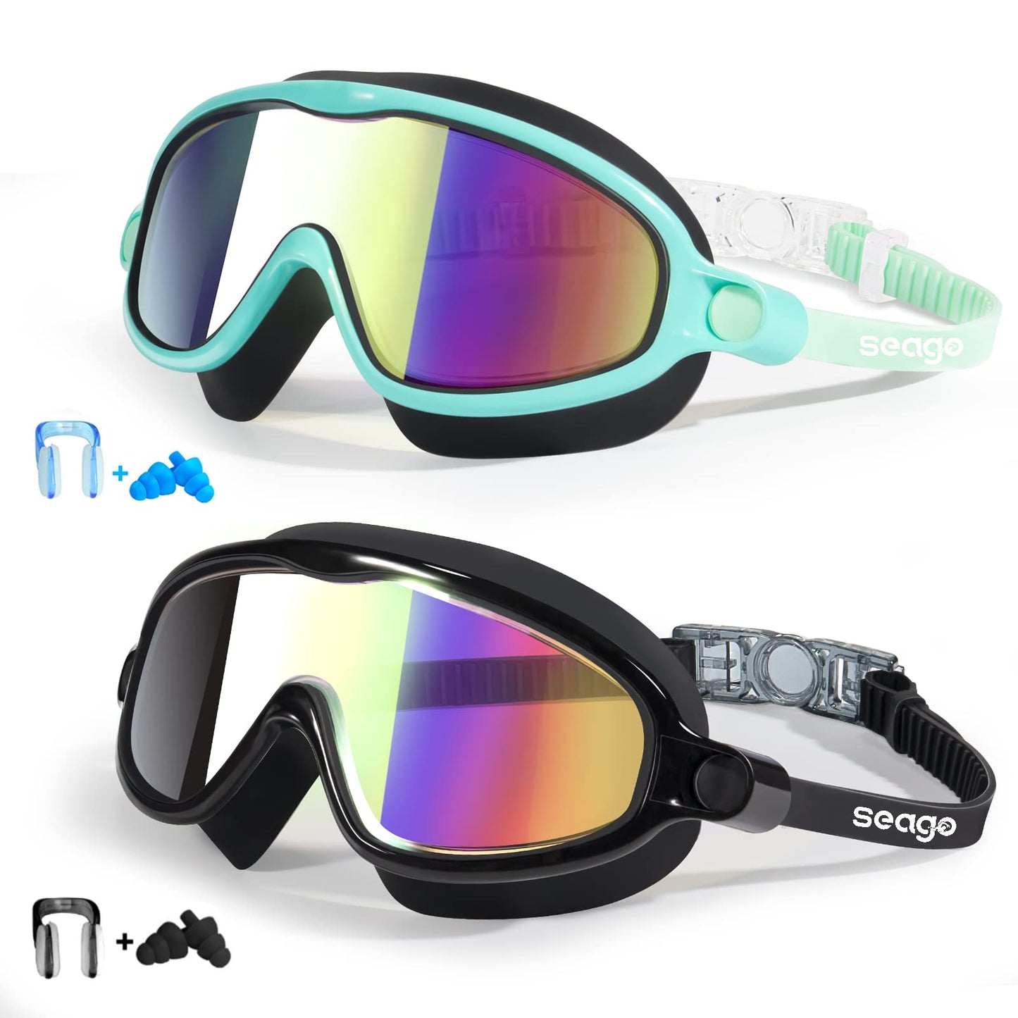 Seago Swim Goggles 2 Pack Anti-Fog Anti-UV Wide View Swimming Goggles for Kids 3-15