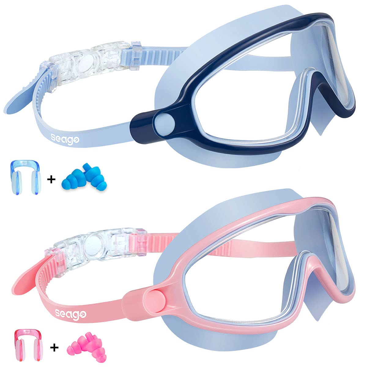 Seago Swim Goggles 2 Pack Anti-Fog Anti-UV Wide View Swimming Goggles for Kids 3-15