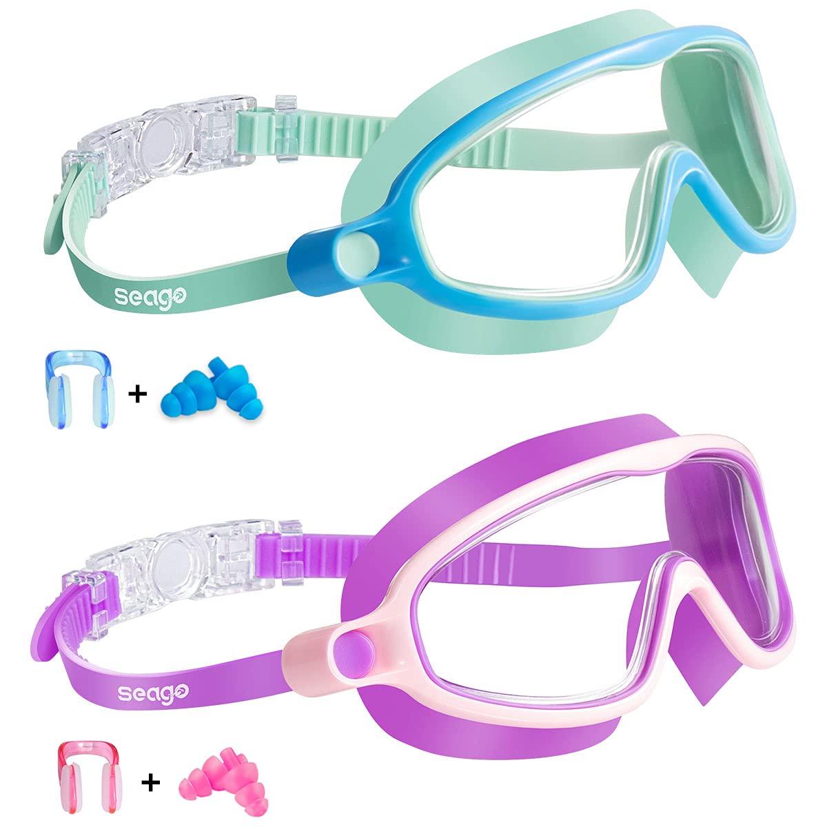 Seago Swim Goggles 2 Pack Anti-Fog Anti-UV Wide View Swimming Goggles for Kids 3-15