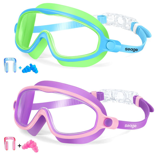 Seago Swim Goggles 2 Pack Anti-Fog Anti-UV Wide View Swimming Goggles for Kids 3-15
