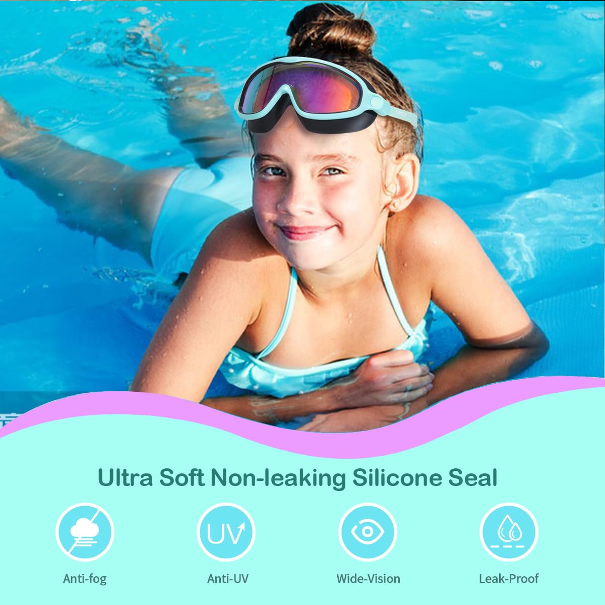 Seago Swim Goggles 2 Pack Anti-Fog Anti-UV Wide View Swimming Goggles for Kids 3-15
