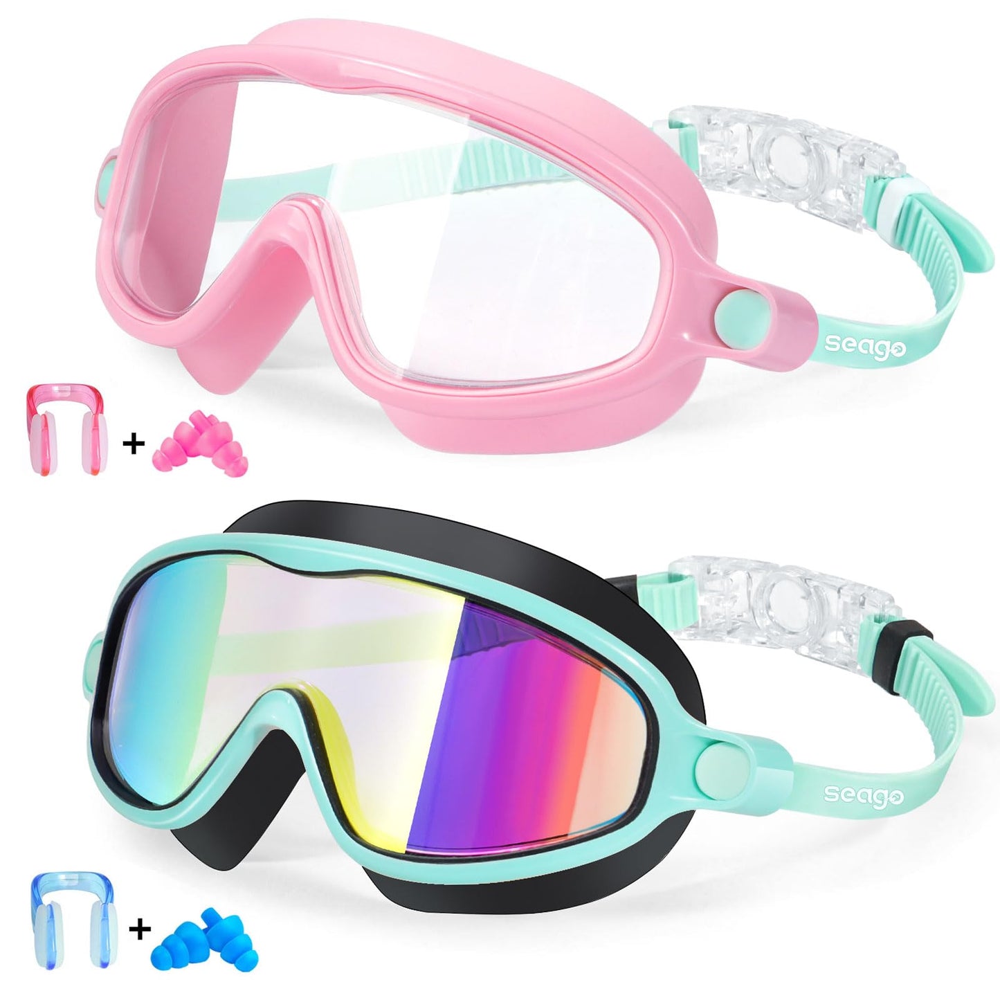 Seago Swim Goggles 2 Pack Anti-Fog Anti-UV Wide View Swimming Goggles for Kids 3-15