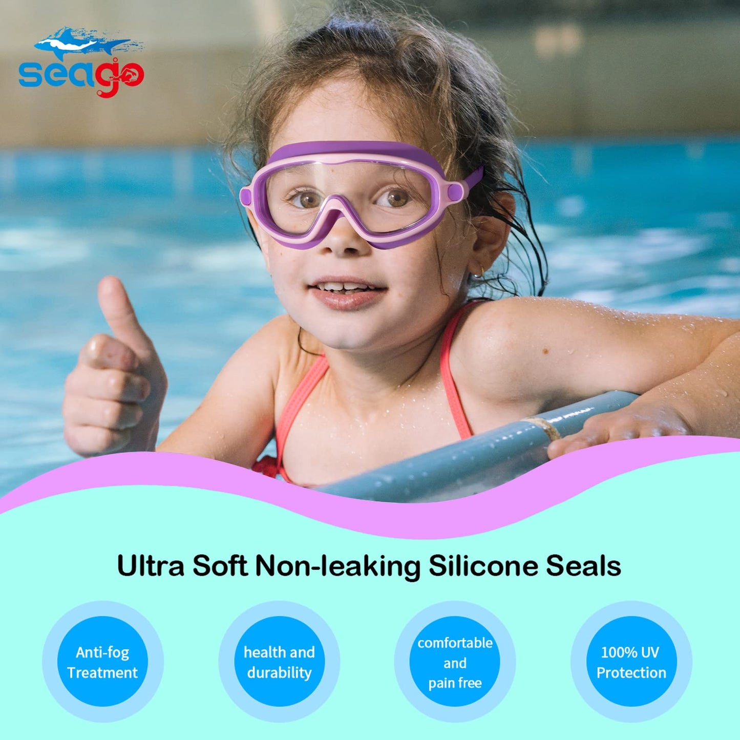 Seago Swim Goggles 2 Pack Anti-Fog Anti-UV Wide View Swimming Goggles for Kids 3-15