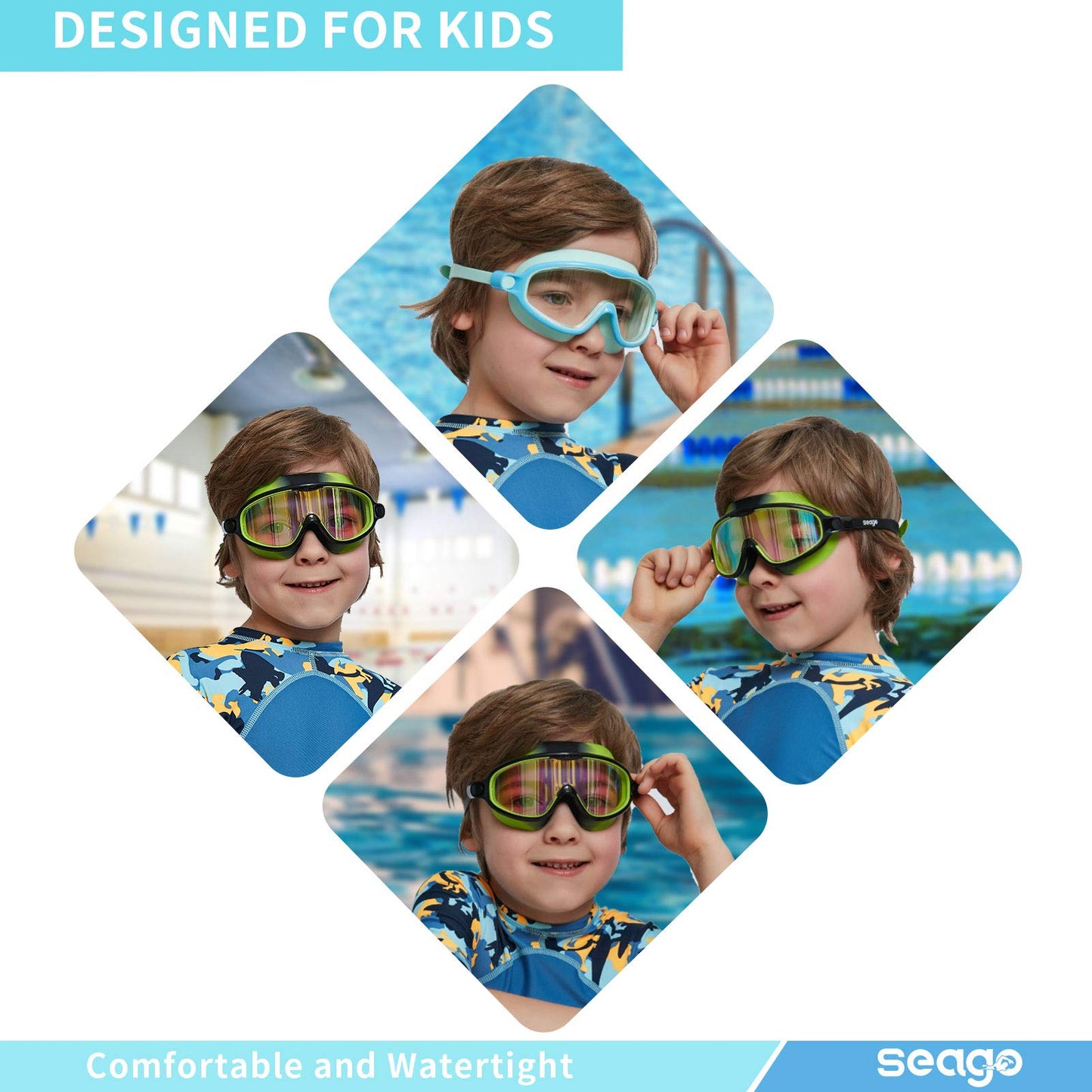 Seago Swim Goggles 2 Pack Anti-Fog Anti-UV Wide View Swimming Goggles for Kids 3-15