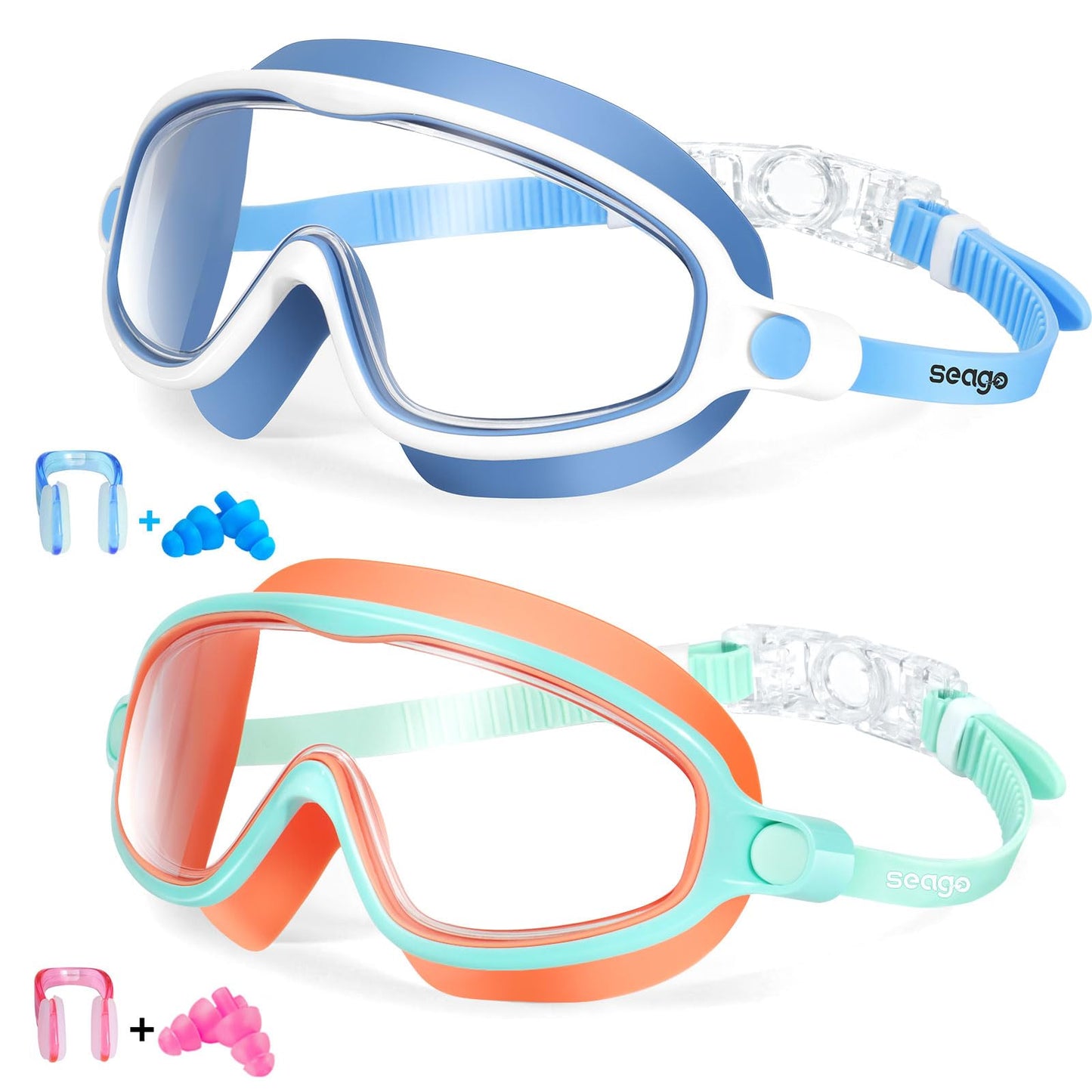 Seago Swim Goggles 2 Pack Anti-Fog Anti-UV Wide View Swimming Goggles for Kids 3-15