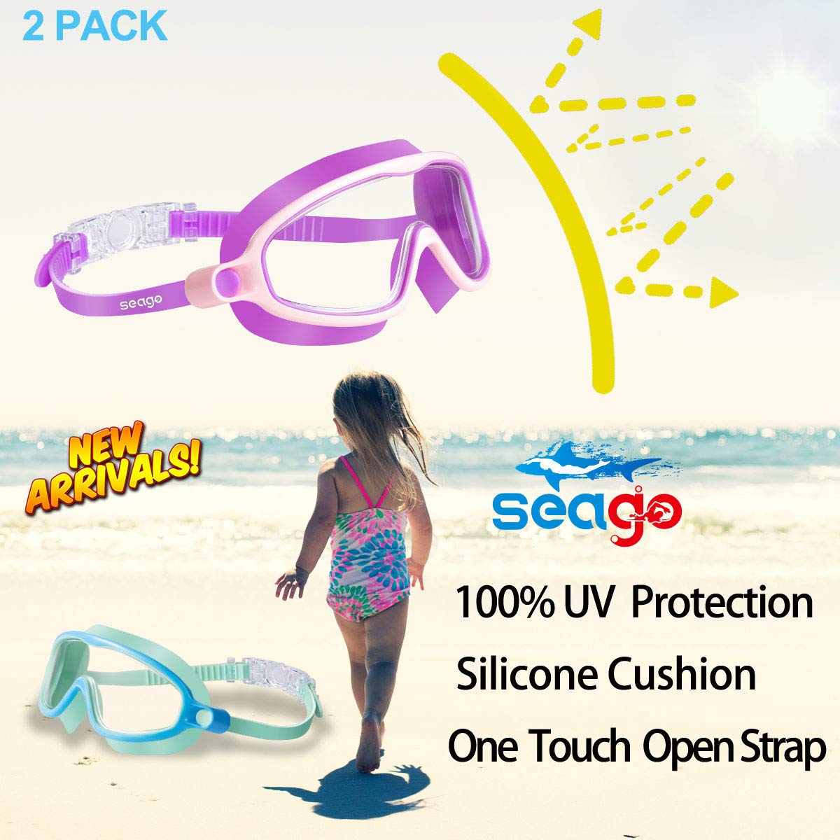 Seago Swim Goggles 2 Pack Anti-Fog Anti-UV Wide View Swimming Goggles for Kids 3-15