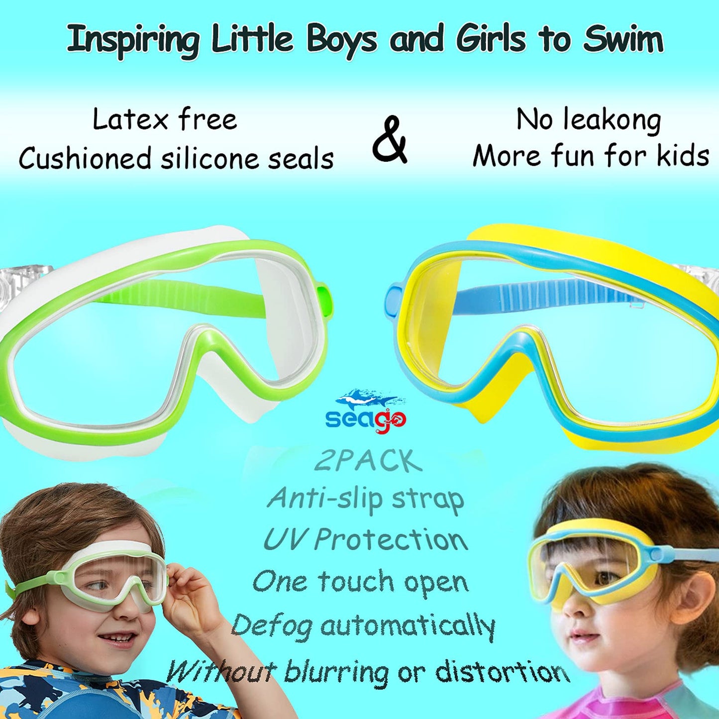 Seago Swim Goggles 2 Pack Anti-Fog Anti-UV Wide View Swimming Goggles for Kids 3-15