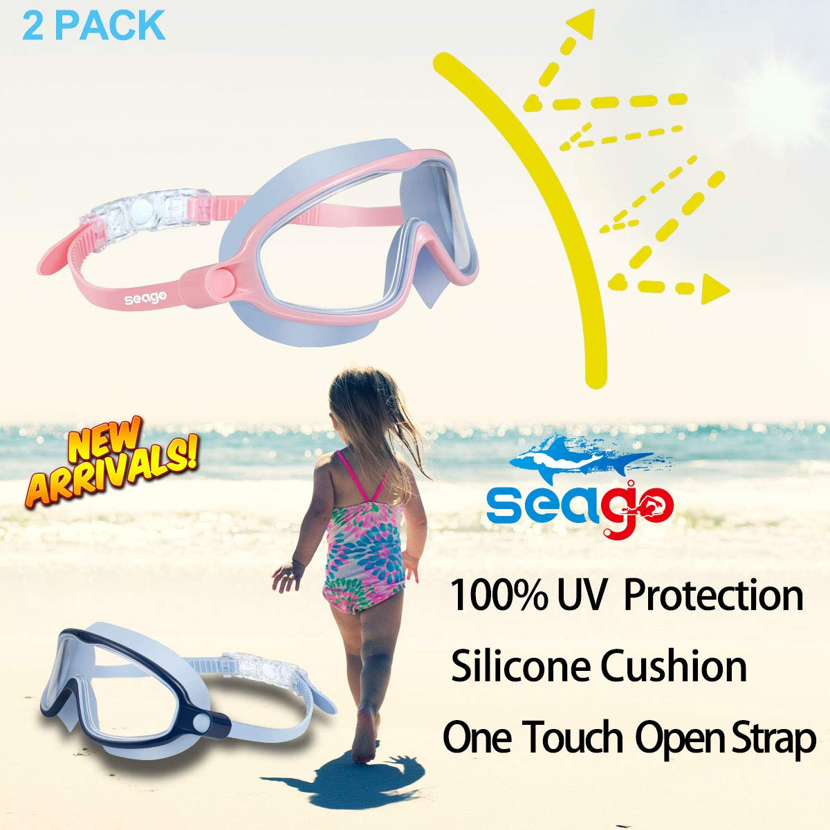 Seago Swim Goggles 2 Pack Anti-Fog Anti-UV Wide View Swimming Goggles for Kids 3-15