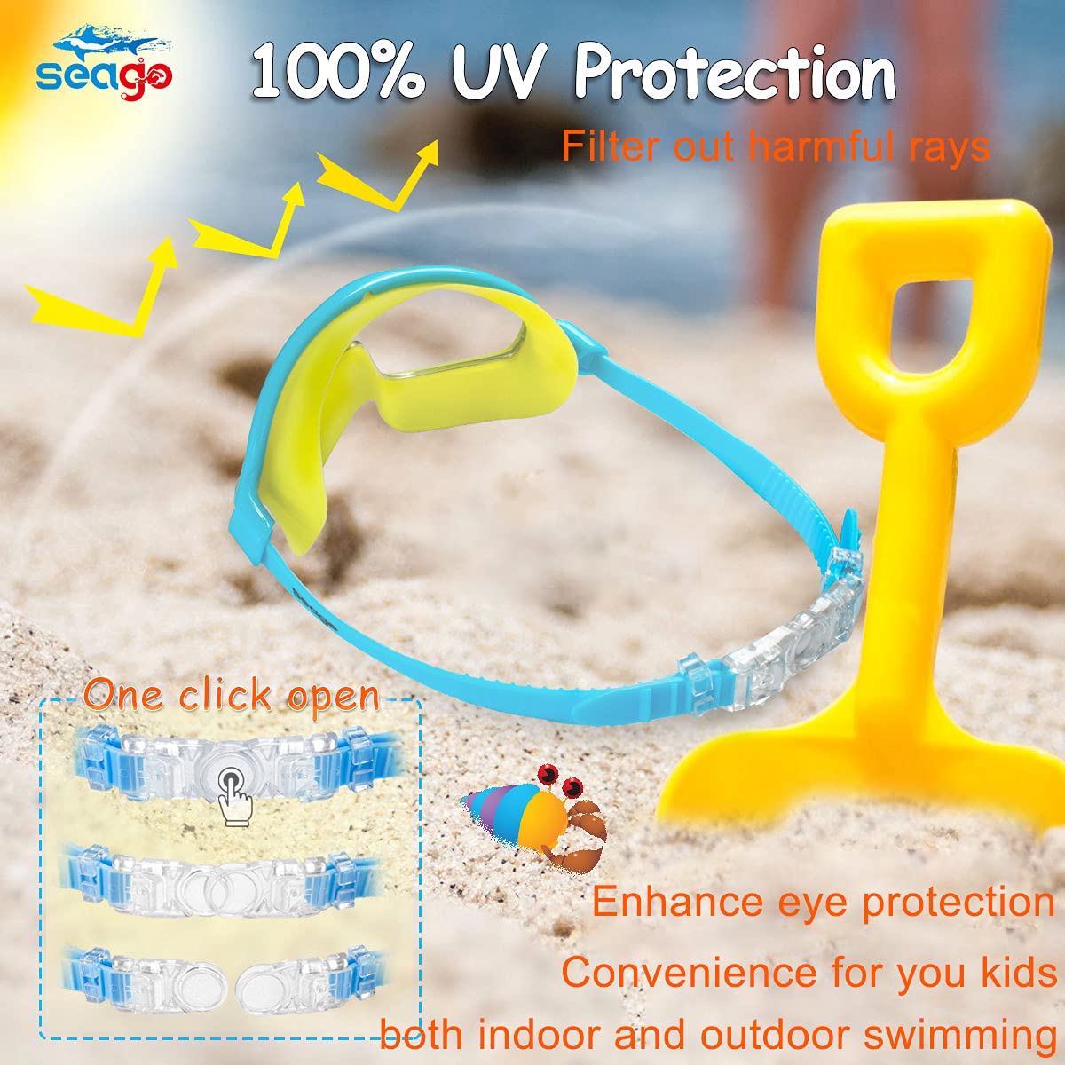 Seago Swim Goggles 2 Pack Anti-Fog Anti-UV Wide View Swimming Goggles for Kids 3-15