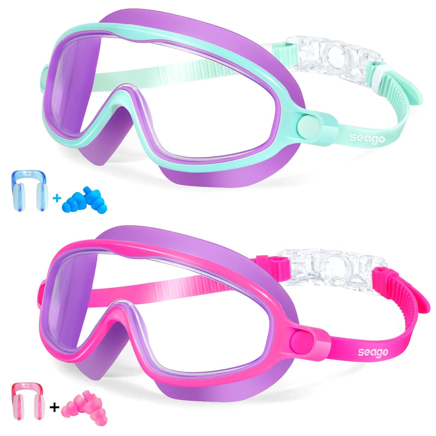 Seago Swim Goggles 2 Pack Anti-Fog Anti-UV Wide View Swimming Goggles for Kids 3-15